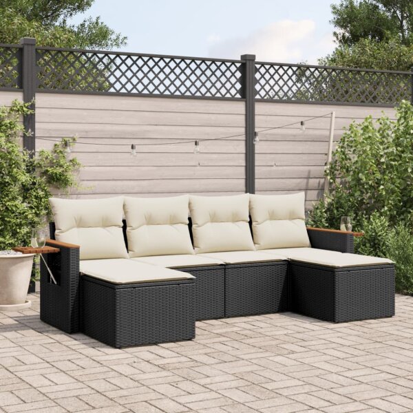 vidaXL 6-tlg. Garten-Sofagarnitur mit Kissen Schwarz Poly Rattan