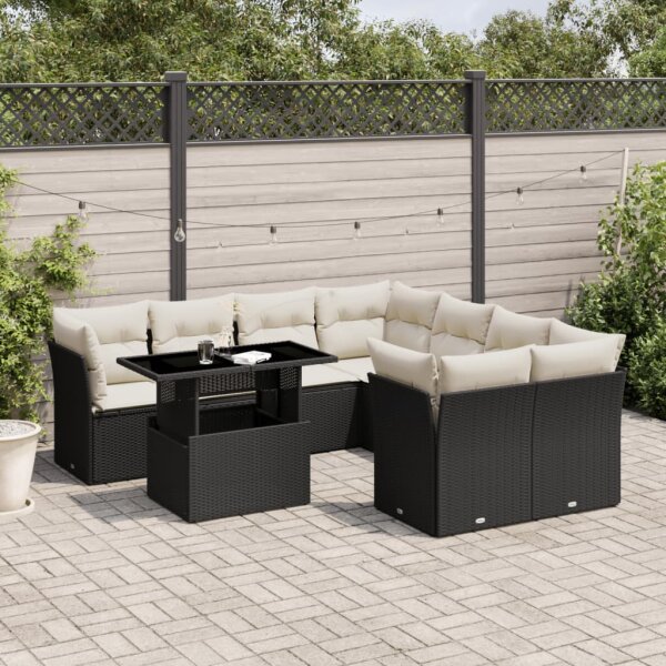 vidaXL 9-tlg. Garten-Sofagarnitur mit Kissen Schwarz Poly Rattan