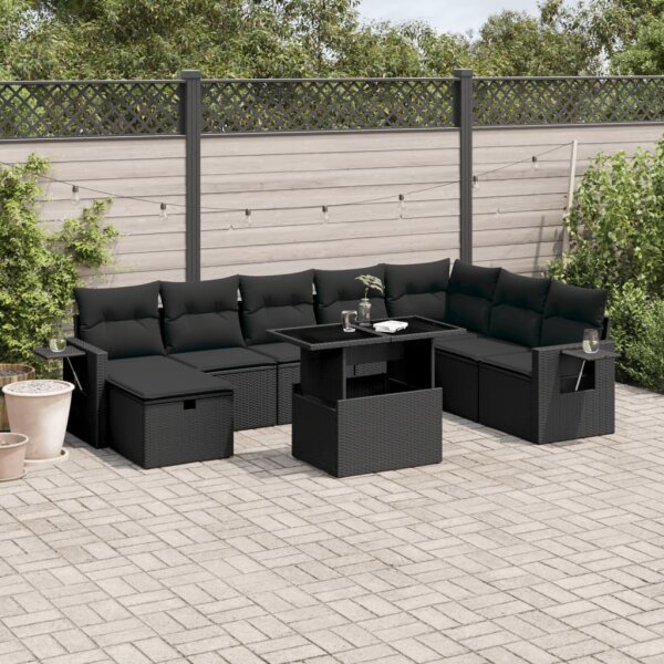 vidaXL 9-tlg. Garten-Sofagarnitur mit Kissen Schwarz Poly Rattan