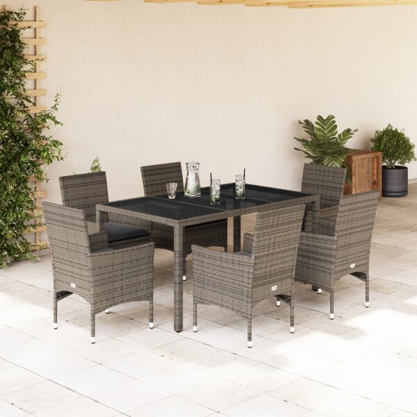 vidaXL 7-tlg. Garten-Essgruppe mit Kissen Grau Poly Rattan und Glas