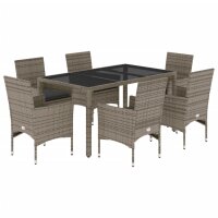 vidaXL 7-tlg. Garten-Essgruppe mit Kissen Grau Poly Rattan und Glas