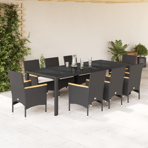 vidaXL 9-tlg. Garten-Essgruppe mit Kissen Schwarz Poly Rattan und Glas