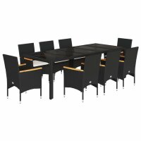 vidaXL 9-tlg. Garten-Essgruppe mit Kissen Schwarz Poly Rattan und Glas