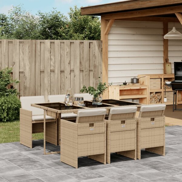 vidaXL 7-tlg. Garten-Essgruppe mit Kissen Beige Poly Rattan