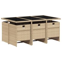 vidaXL 7-tlg. Garten-Essgruppe mit Kissen Beige Poly Rattan