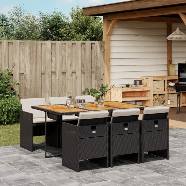 vidaXL 7-tlg. Garten-Essgruppe mit Kissen Schwarz Poly Rattan