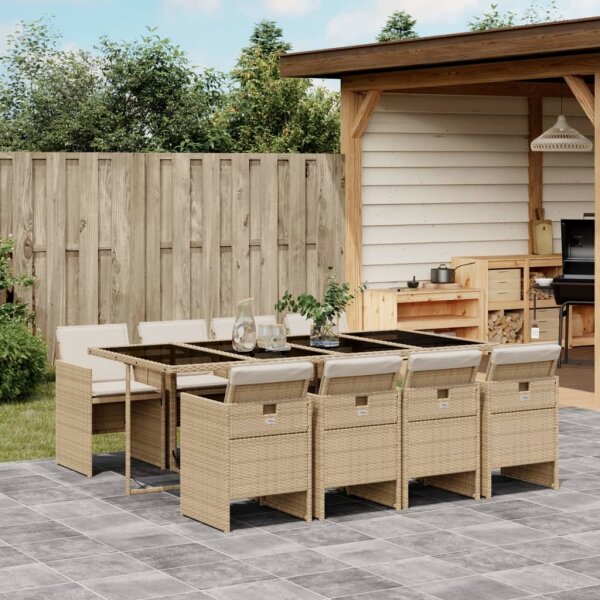 vidaXL 9-tlg. Garten-Essgruppe mit Kissen Beige Poly Rattan