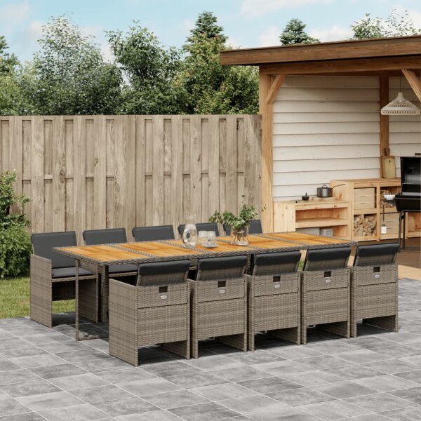 vidaXL 11-tlg. Garten-Essgruppe mit Kissen Grau Poly Rattan