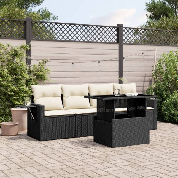 vidaXL 5-tlg. Garten-Sofagarnitur mit Kissen Schwarz Poly Rattan