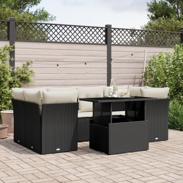 vidaXL 7-tlg. Garten-Sofagarnitur mit Kissen Schwarz Poly Rattan