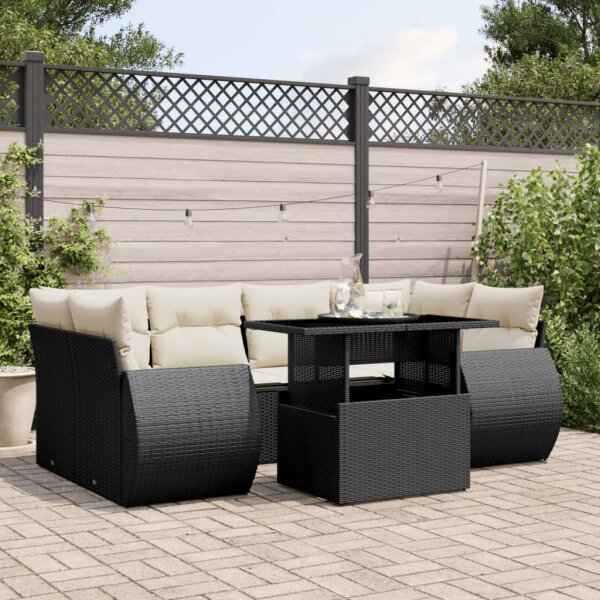 vidaXL 7-tlg. Garten-Sofagarnitur mit Kissen Schwarz Poly Rattan