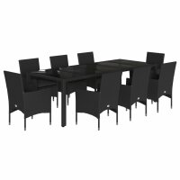 vidaXL 9-tlg. Garten-Essgruppe mit Kissen Schwarz Poly Rattan und Glas