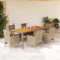 vidaXL 7-tlg. Garten-Essgruppe mit Kissen Beige Poly Rattan Akazie