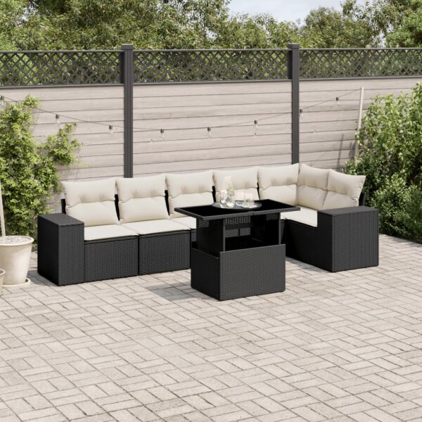 vidaXL 7-tlg. Garten-Sofagarnitur mit Kissen Schwarz Poly Rattan