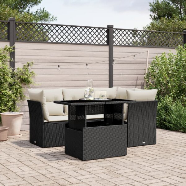 vidaXL 5-tlg. Garten-Sofagarnitur mit Kissen Schwarz Poly Rattan