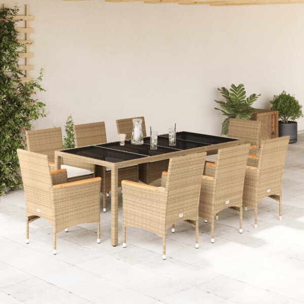 vidaXL 9-tlg. Garten-Essgruppe mit Kissen Beige Poly Rattan Glas