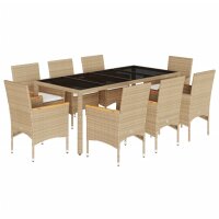 vidaXL 9-tlg. Garten-Essgruppe mit Kissen Beige Poly Rattan Glas