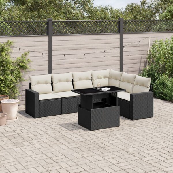 vidaXL 7-tlg. Garten-Sofagarnitur mit Kissen Schwarz Poly Rattan