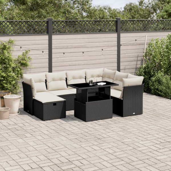 vidaXL 8-tlg. Garten-Sofagarnitur mit Kissen Schwarz Poly Rattan