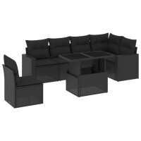 vidaXL 7-tlg. Garten-Sofagarnitur mit Kissen Schwarz Poly Rattan