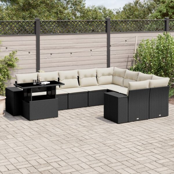 vidaXL 10-tlg. Garten-Sofagarnitur mit Kissen Schwarz Poly Rattan