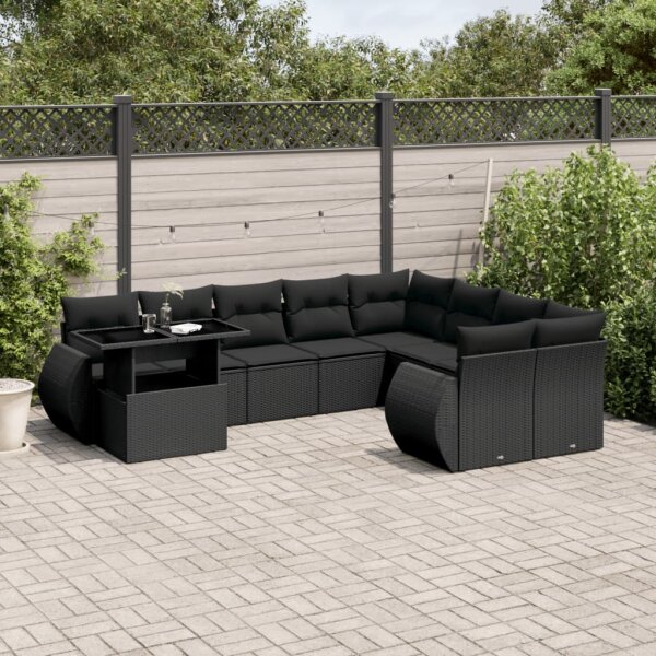 vidaXL 10-tlg. Garten-Sofagarnitur mit Kissen Schwarz Poly Rattan