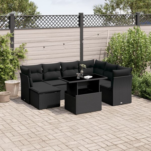 vidaXL 8-tlg. Garten-Sofagarnitur mit Kissen Schwarz Poly Rattan