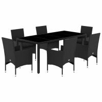 vidaXL 7-tlg. Garten-Essgruppe mit Kissen Schwarz Poly Rattan Glas