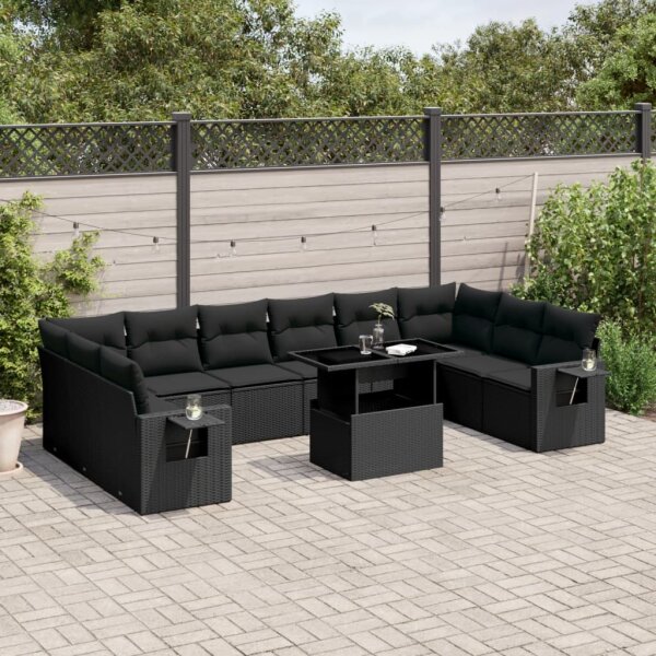 vidaXL 11-tlg. Garten-Sofagarnitur mit Kissen Schwarz Poly Rattan