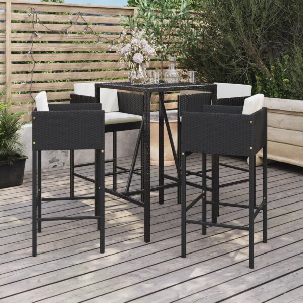 vidaXL 5-tlg. Gartenbar-Set mit Kissen Schwarz Poly Rattan