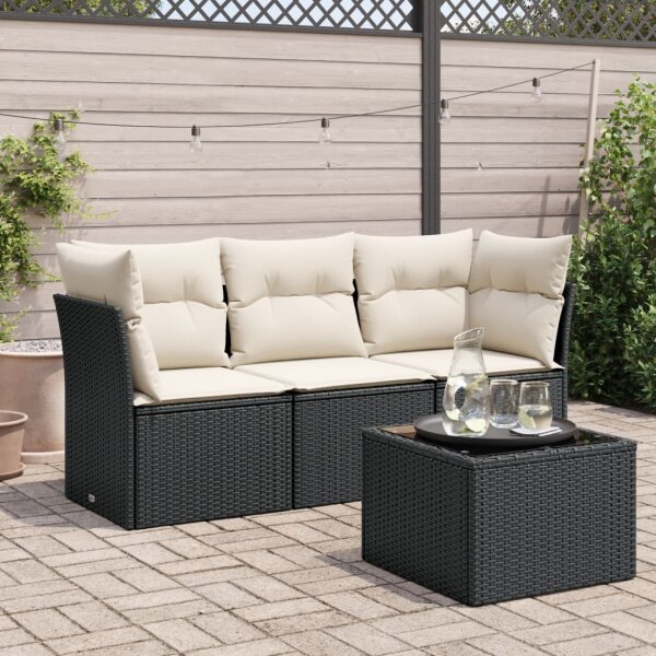 vidaXL 4-tlg. Garten-Sofagarnitur mit Kissen Schwarz Poly Rattan