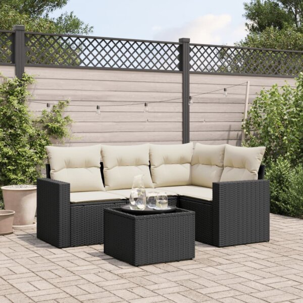 vidaXL 5-tlg. Garten-Sofagarnitur mit Kissen Schwarz Poly Rattan