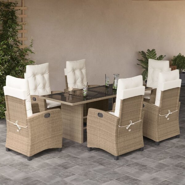 vidaXL 7-tlg. Garten-Essgruppe mit Kissen Beige Poly Rattan