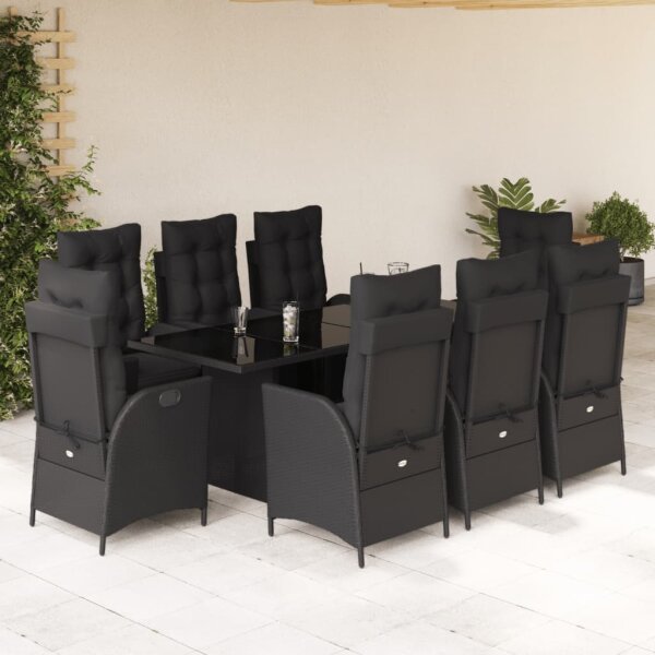 vidaXL 9-tlg. Garten-Essgruppe mit Kissen Schwarz Poly Rattan