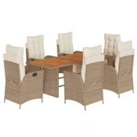 vidaXL 7-tlg. Garten-Essgruppe mit Kissen Beige Poly Rattan