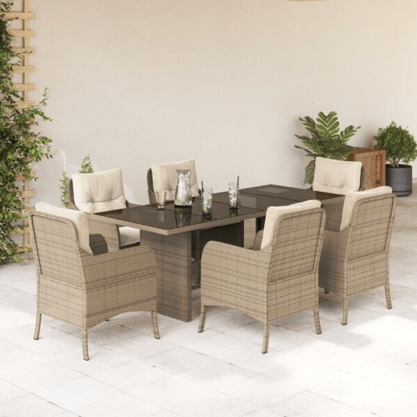 vidaXL 7-tlg. Garten-Essgruppe mit Kissen Beige Poly Rattan