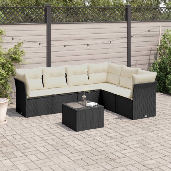 vidaXL 7-tlg. Garten-Sofagarnitur mit Kissen Schwarz Poly Rattan