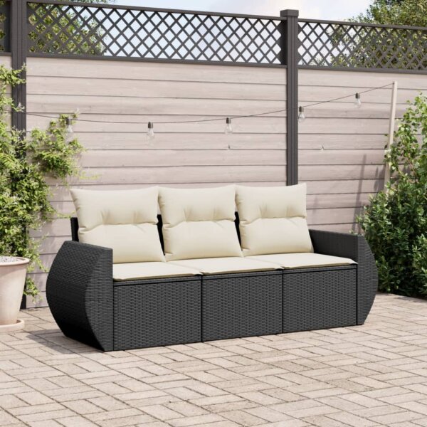 vidaXL 3-tlg. Garten-Sofagarnitur mit Kissen Schwarz Poly Rattan