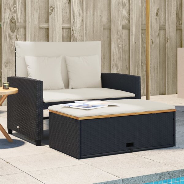 vidaXL Gartensofa mit Kissen 2-Sitzer Schwarz Poly Rattan&amp;Akazienholz