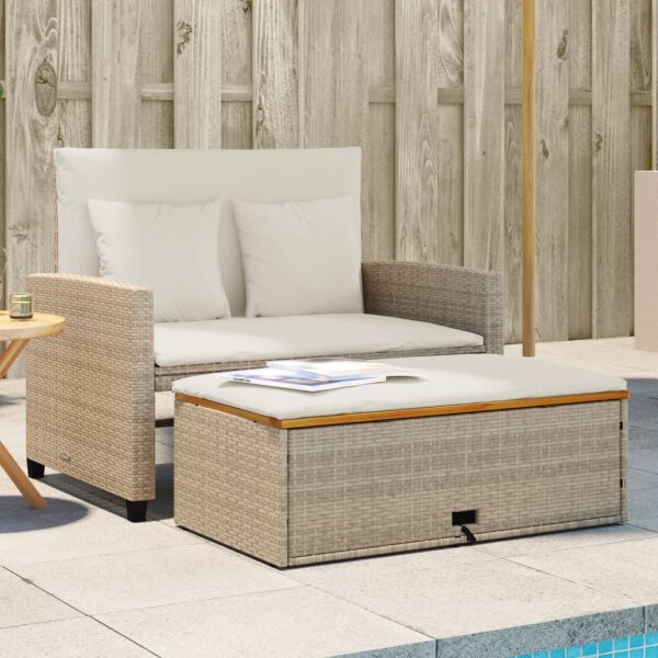 vidaXL Gartensofa mit Kissen 2-Sitzer Beige Poly Rattan &amp; Akazienholz