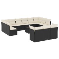 vidaXL 14-tlg. Garten-Sofagarnitur mit Kissen Schwarz Poly Rattan