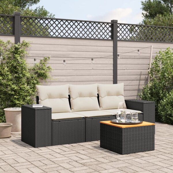 vidaXL 4-tlg. Garten-Sofagarnitur mit Kissen Schwarz Poly Rattan