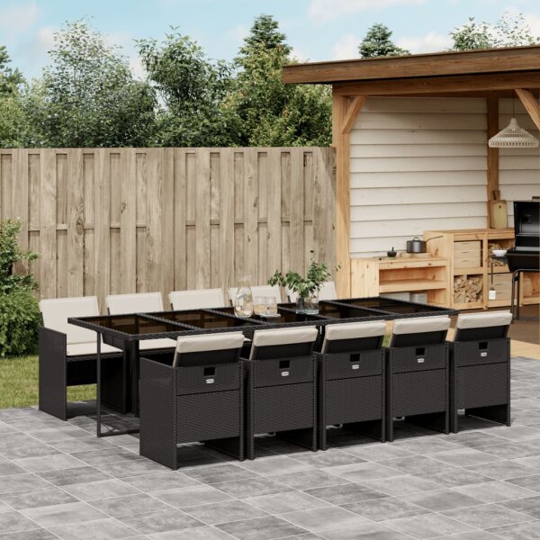 vidaXL 11-tlg. Garten-Essgruppe mit Kissen Schwarz Poly Rattan