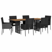 vidaXL 7-tlg. Garten-Essgruppe mit Kissen Schwarz Poly Rattan