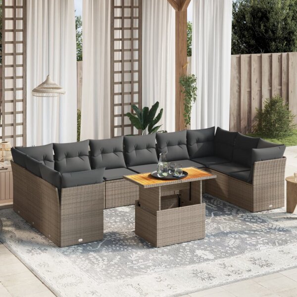 vidaXL 11-tlg. Garten-Sofagarnitur mit Kissen Grau Poly Rattan