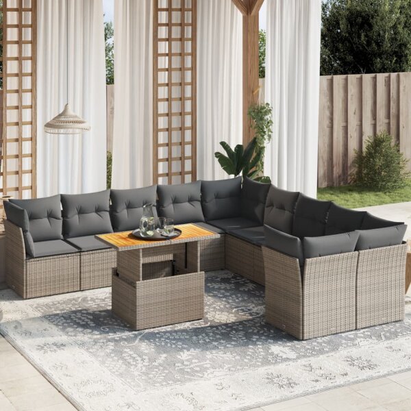 vidaXL 11-tlg. Garten-Sofagarnitur mit Kissen Grau Poly Rattan