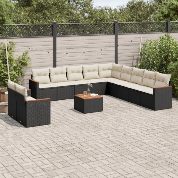 vidaXL 12-tlg. Garten-Sofagarnitur mit Kissen Schwarz Poly Rattan