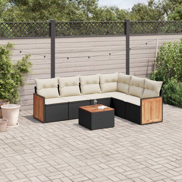 vidaXL 7-tlg. Garten-Sofagarnitur mit Kissen Schwarz Poly Rattan