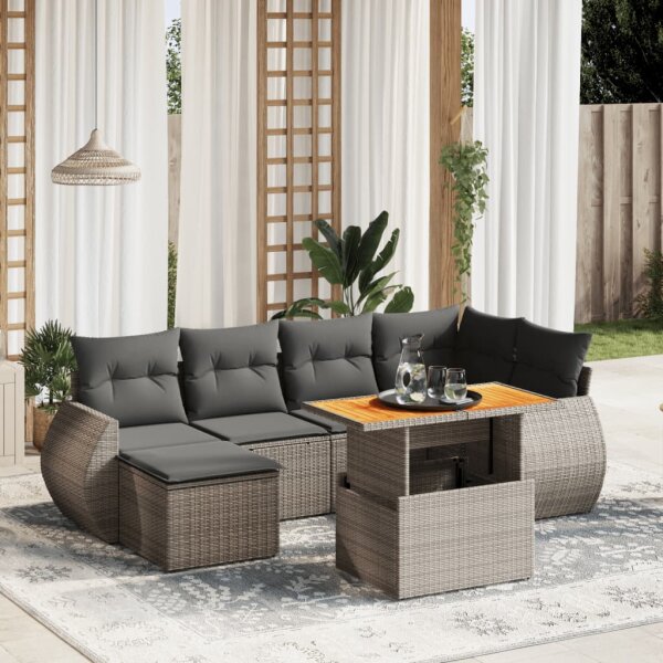 vidaXL 7-tlg. Garten-Sofagarnitur mit Kissen Grau Poly Rattan