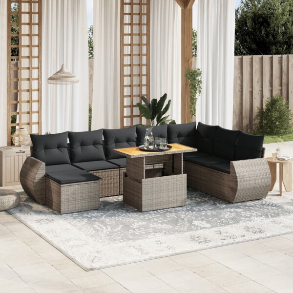 vidaXL 9-tlg. Garten-Sofagarnitur mit Kissen Grau Poly Rattan